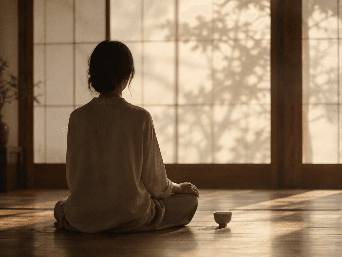 A person seated cross-legged, silhouetted against a warm paper-screen window at dusk