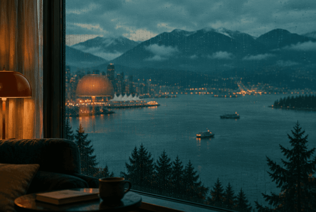 Vancouver harbor at dusk seen through a rain-textured window